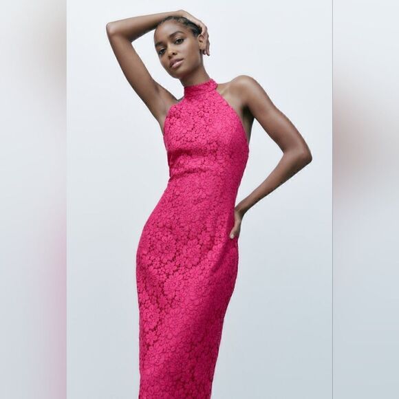 Zara LACE HALTER DRESS PINK - Picture 12 of 14